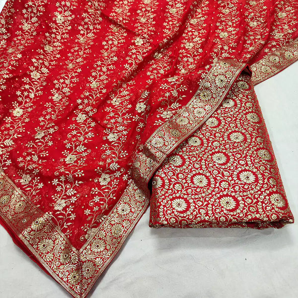Red Bridal Kimkhab Unstitched Banarasi Gharara Set - Mohsin Textiles