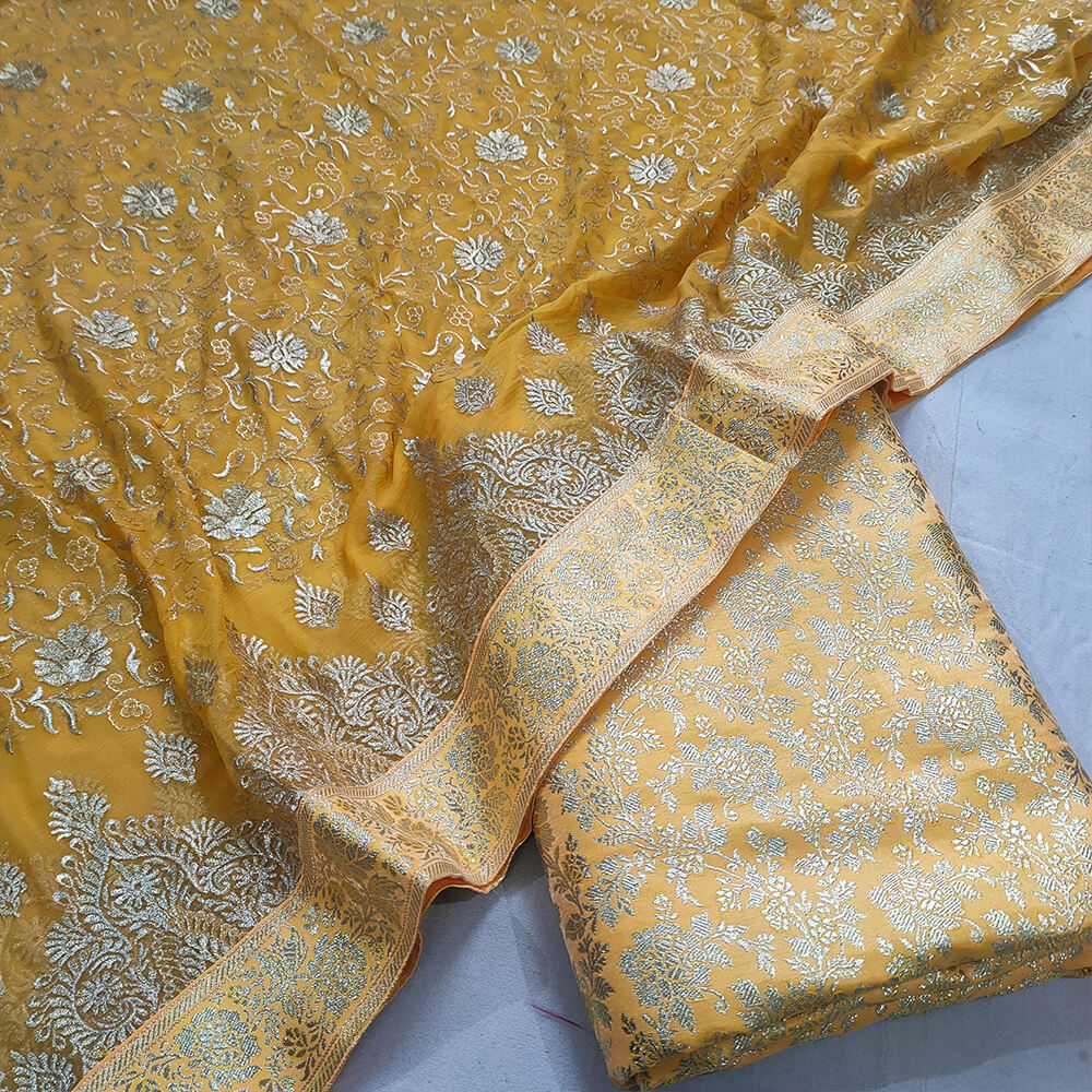 Golden Beautiful Kimkhab Banarasi Gharara Set – Mohsin Textiles