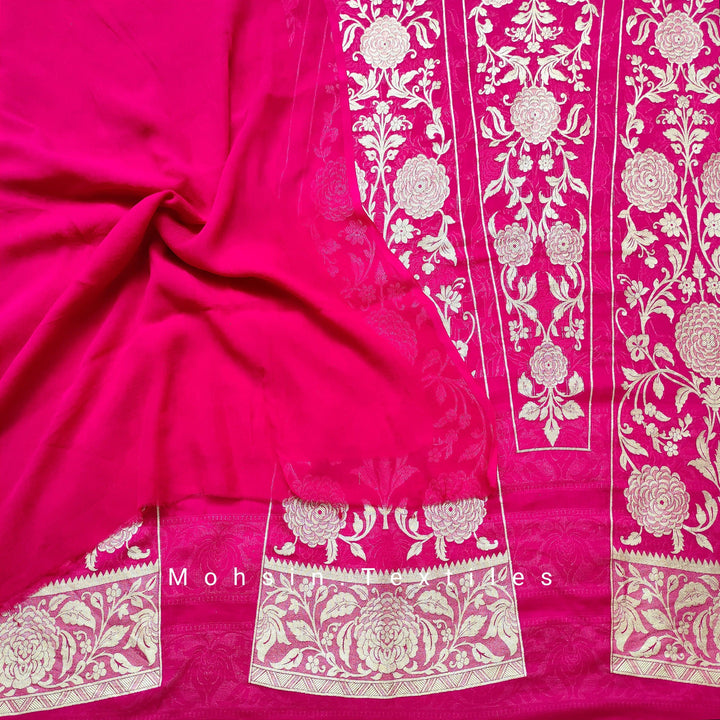 Banarasi Khaddi Chiffon Lahenga Pure Silk with Border Patches (Full Kalli 18 Pcs.) Red Lahenga / Red Dupatta - Mohsin Textiles