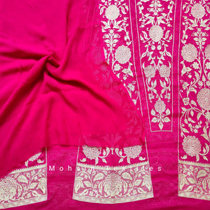 Banarasi Khaddi Chiffon Lahenga Pure Silk with Border Patches (Full Kalli 18 Pcs.) Red Lahenga / Red Dupatta - Mohsin Textiles