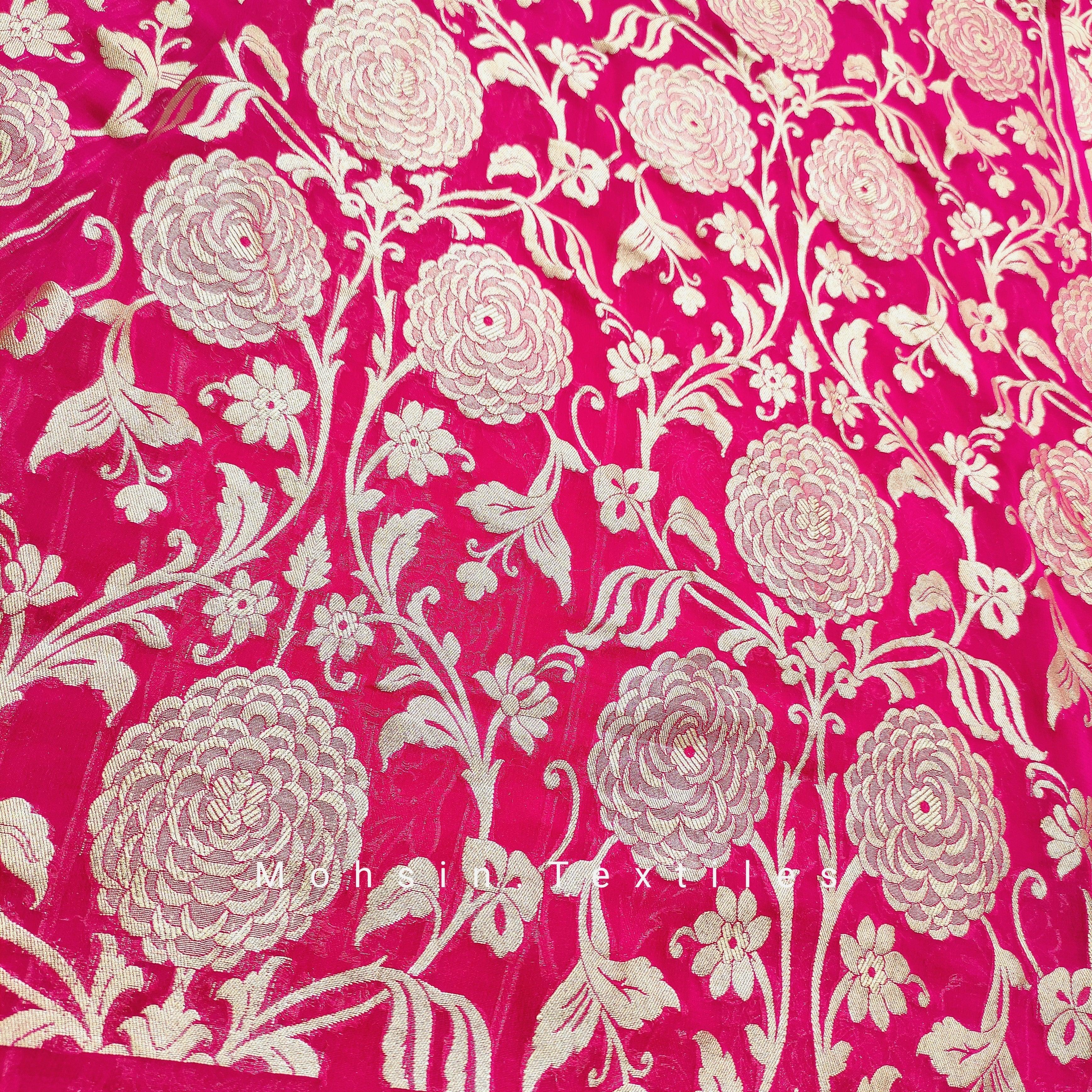 Banarasi Khaddi Chiffon Lahenga Pure Silk with Border Patches (Full Kalli 18 Pcs.) Red Lahenga / Red Dupatta - Mohsin Textiles