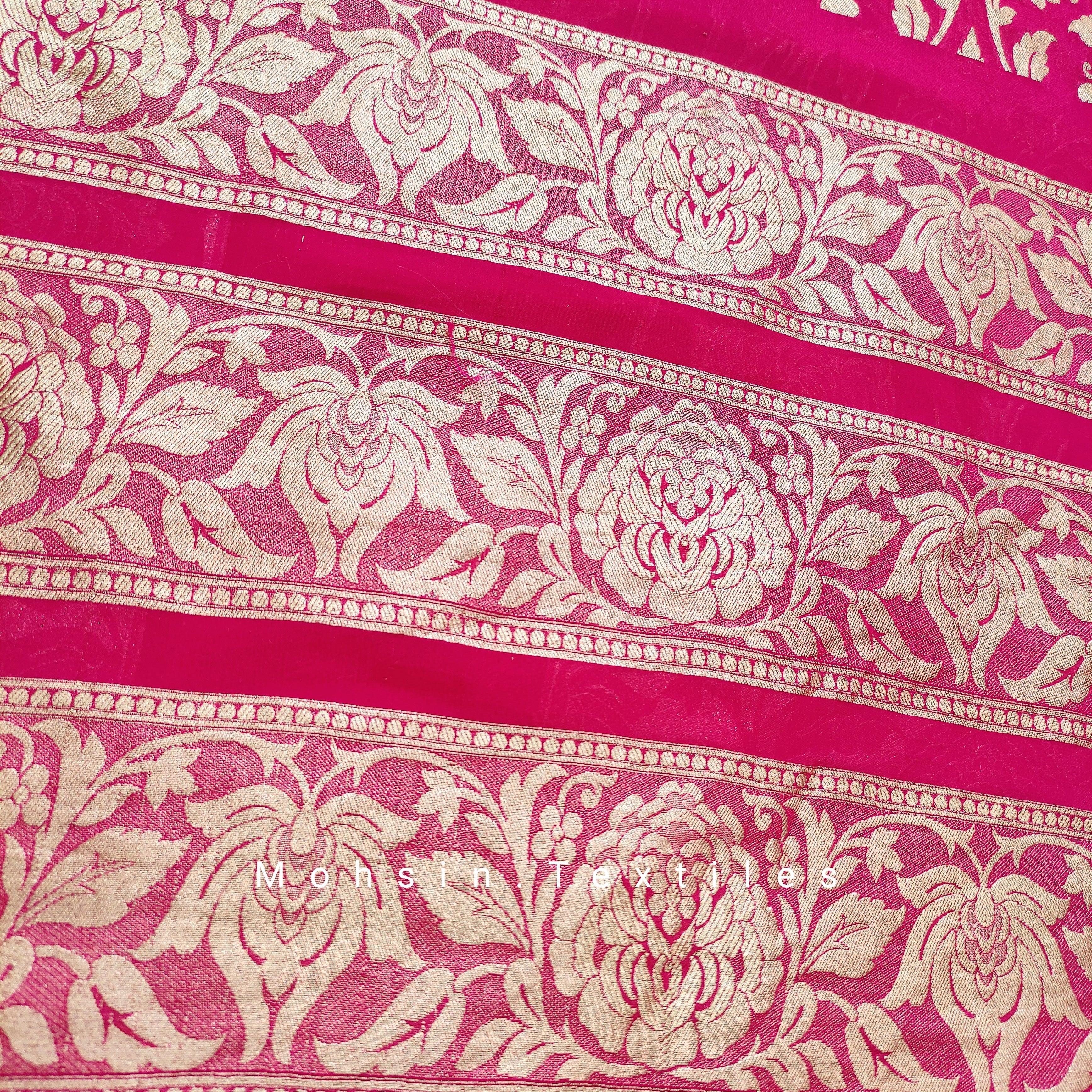 Banarasi Khaddi Chiffon Lahenga Pure Silk with Border Patches (Full Kalli 18 Pcs.) Red Lahenga / Red Dupatta - Mohsin Textiles