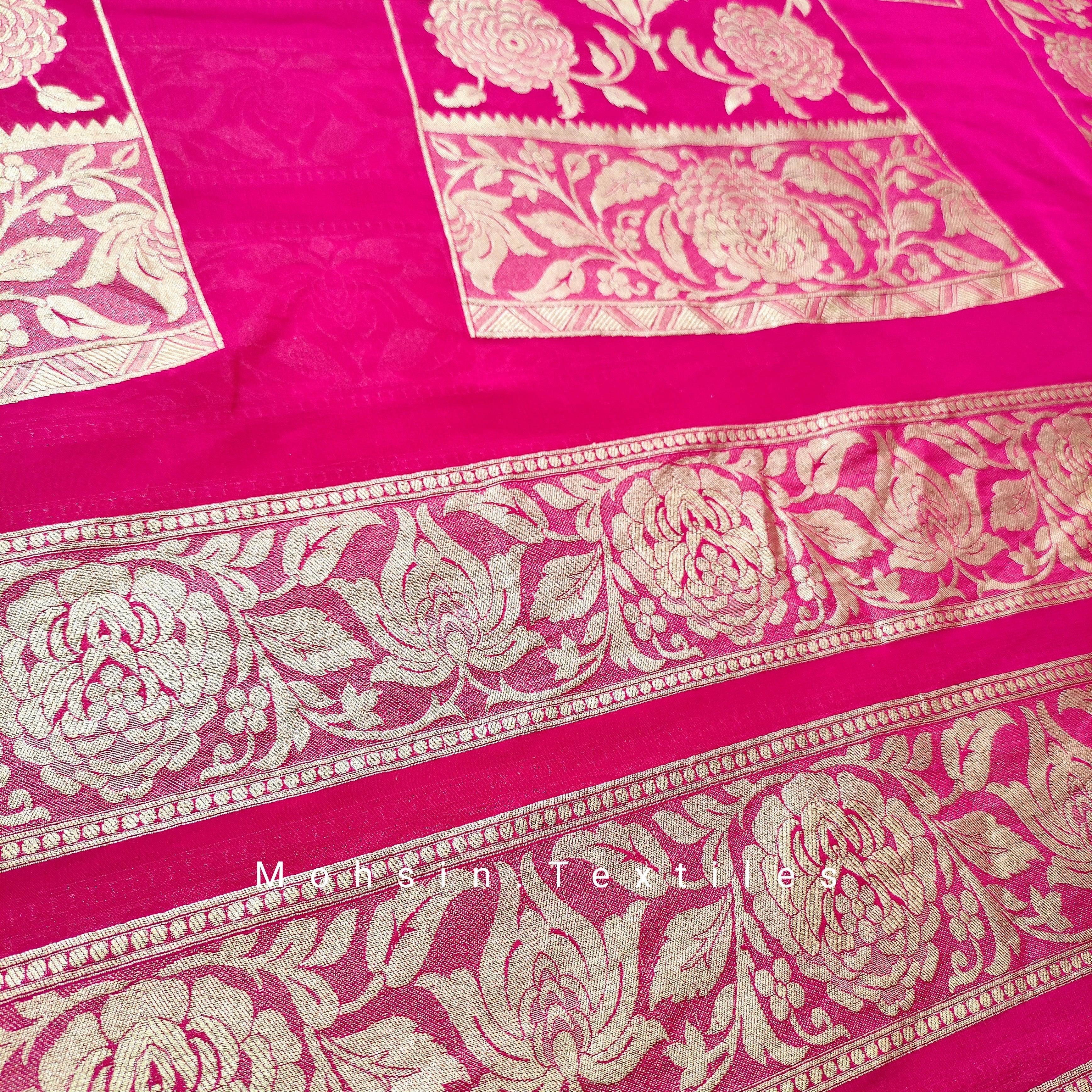 Banarasi Khaddi Chiffon Lahenga Pure Silk with Border Patches (Full Kalli 18 Pcs.) Red Lahenga / Red Dupatta - Mohsin Textiles