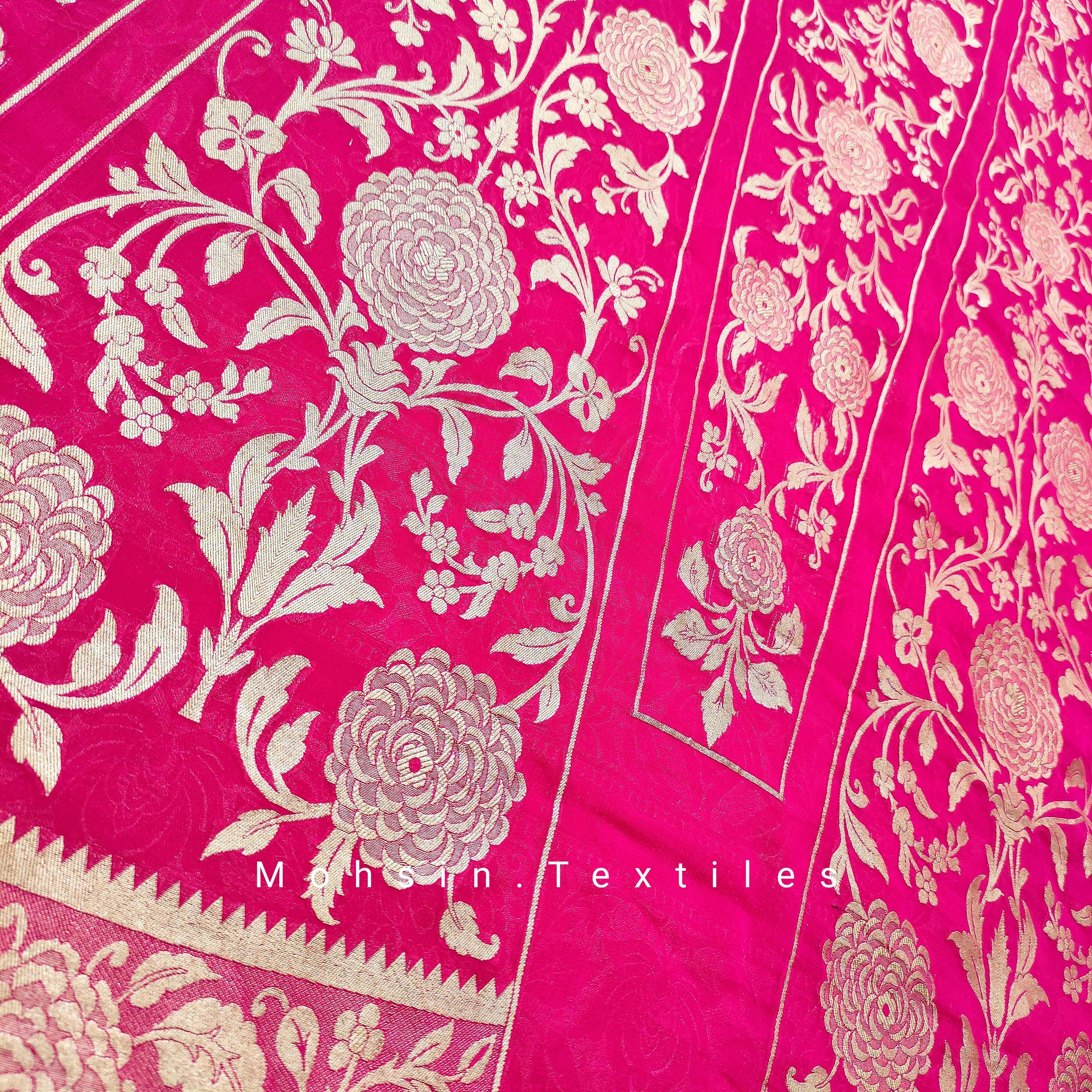 Banarasi Khaddi Chiffon Lahenga Pure Silk with Border Patches (Full Kalli 18 Pcs.) Red Lahenga / Red Dupatta - Mohsin Textiles