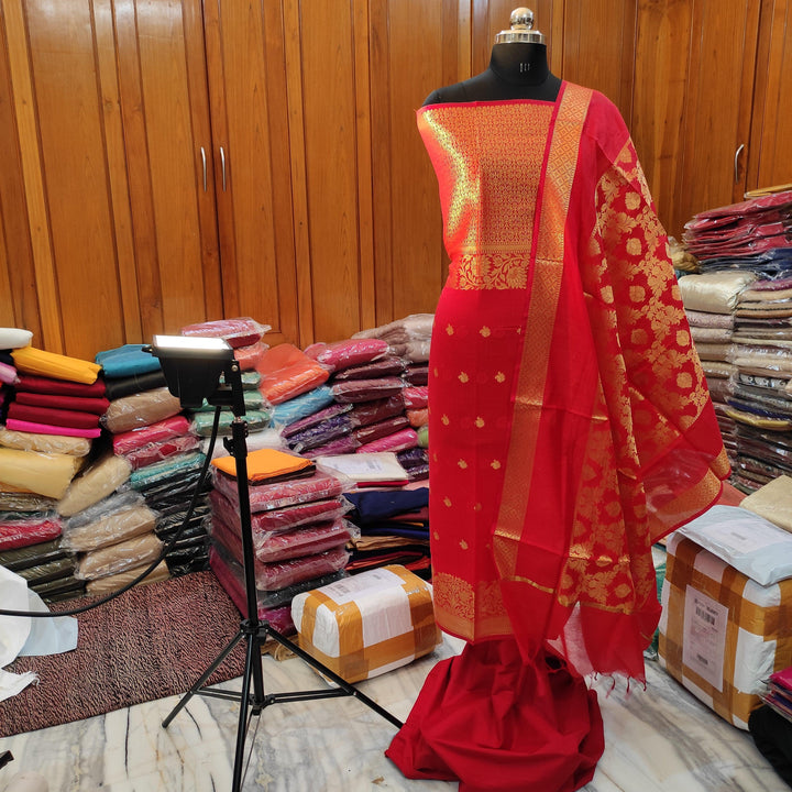 Cotton Silk Zari Weaved Salwar Kameez  (Frock Style) Red - Mohsin Textiles