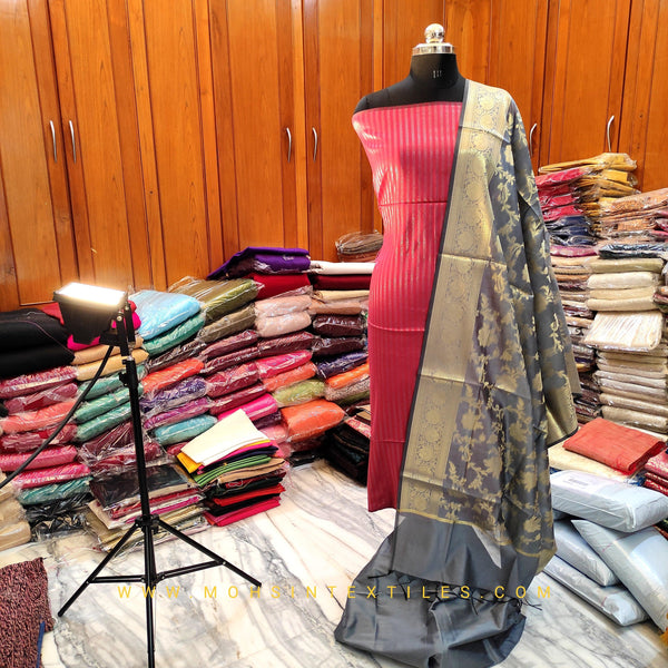Banarasi Semi Katan Silk Suit Salwar Kamiz (Stripes) Maroon Grey Unstitched - Mohsin Textiles