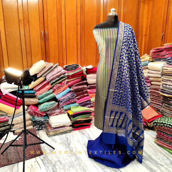 Banarasi Saton Silk Suit Salwar Kameez (Multi Strips) Green-Blue - Mohsin Textiles
