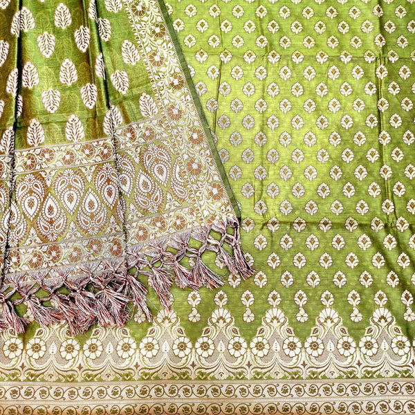 Banarasi Cotton Bright Silk Suit Salwar Kamiz (Teen Minar Bright Border) Mehendi - Mohsin Textiles