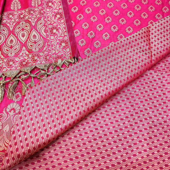 Banarasi Cotton Bright Silk Suit Salwar Kamiz (Teen Minar Bright Border) Hot Pink - Mohsin Textiles