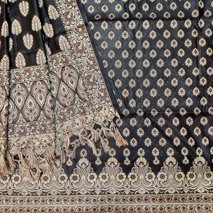 Banarasi Cotton Bright Silk Suit Salwar Kamiz (Teen Minar Bright Border) Black - Mohsin Textiles