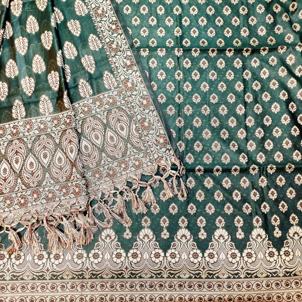 Banarasi Cotton Bright Silk Suit Salwar Kamiz (Teen Minar Bright Border) Bottle Green - Mohsin Textiles