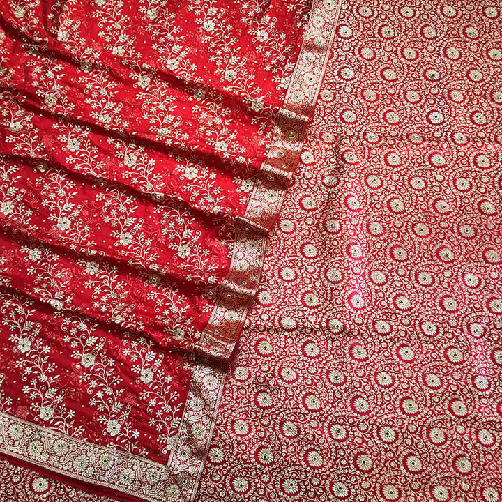 Red Bridal Kimkhab Unstitched Banarasi Gharara Set - Mohsin Textiles