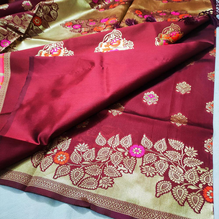 Multi Meenakari Satin Silk Maroon Banarasi Saree - Mohsin Textiles