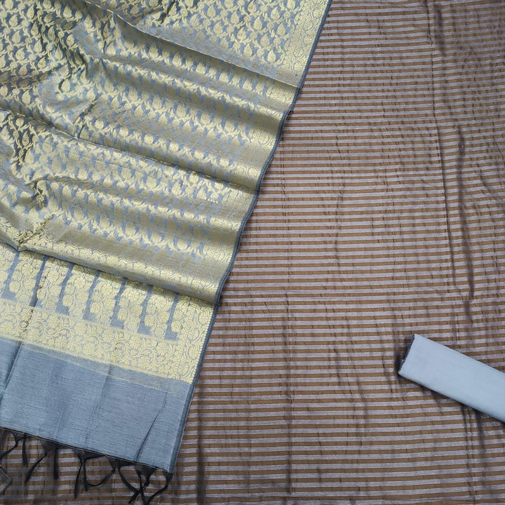 Brown and Grey Contrass Plain Banarasi Silk Suit