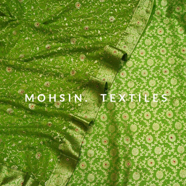 Banarasi Satan Silk Garara / Lahenga / Sharara with Hand Stone (Flower-Jaal) Grapes Green - Mohsin Textiles