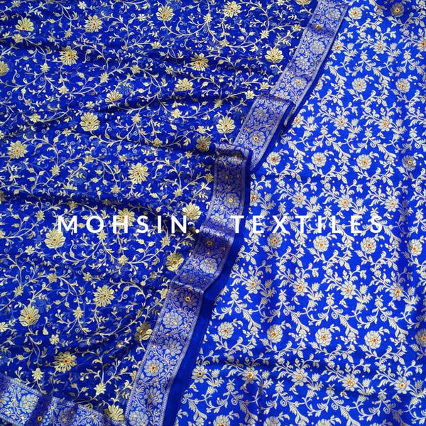 Banarasi Satan Silk Garara / Lahenga / Sharara with Hand Stone (Flower-Jaal) Royal Blue - Mohsin Textiles
