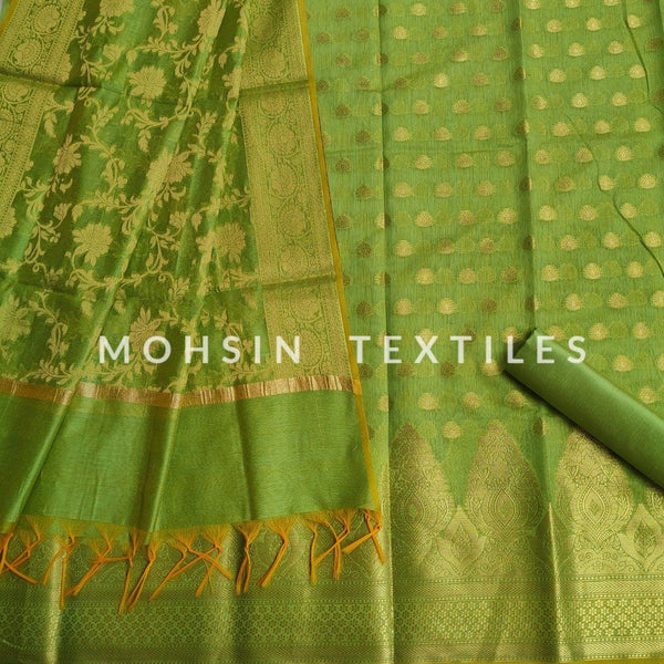 Banarasi Cotton Silk Suit Salwar Kamiz (Kalgha Zari Border) Pista - Mohsin Textiles