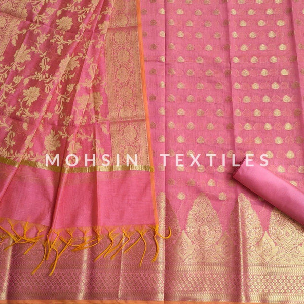 Banarasi Cotton Silk Suit Salwar Kamiz (Kalgha Zari Border) Pink - Mohsin Textiles