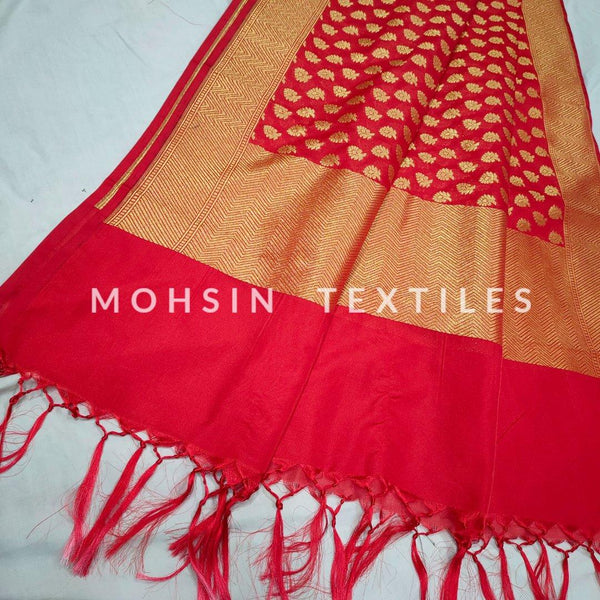 Banarasi Crepe Katan Silk Dupatta ( Leave Heavy Border ) Red - Mohsin Textiles
