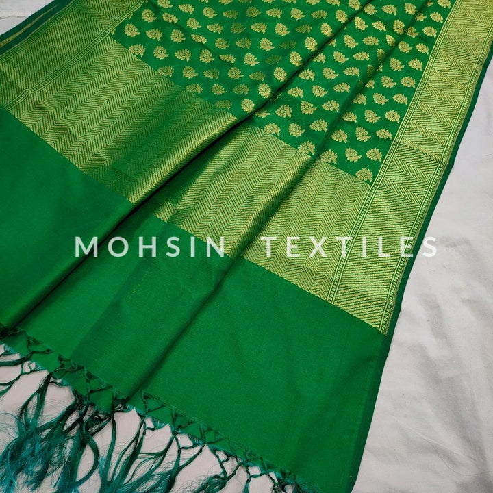 Banarasi Crepe Katan Silk Dupatta ( Leave Heavy Border ) Green - Mohsin Textiles
