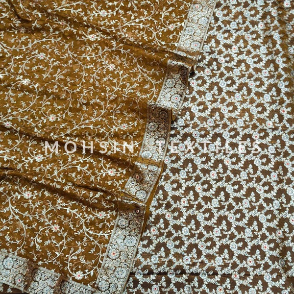 Banarasi Satan Silk Garara / Lahenga / Sharara with Hand Stone (Round-Jaal) Musterd - Mohsin Textiles