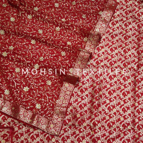 Banarasi Satan Silk Garara / Lahenga / Sharara with Hand Stone (Wheat-Jaal) Dark Red - Mohsin Textiles