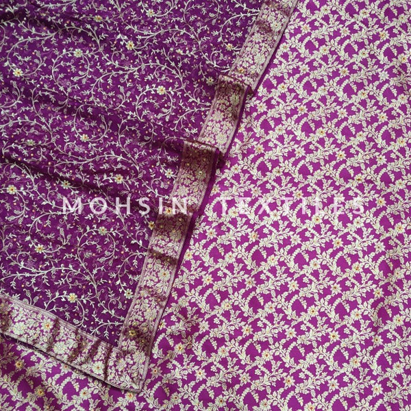 Banarasi Satan Silk Garara / Lahenga / Sharara with Hand Stone (Wheat-Jaal) Magenta - Mohsin Textiles