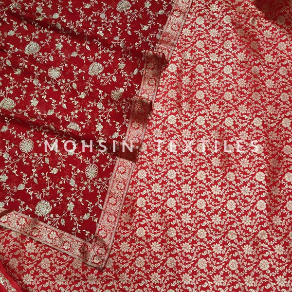 Banarasi Satan Silk Garara / Lahenga / Sharara  (Flower -Jaal) Red - Mohsin Textiles