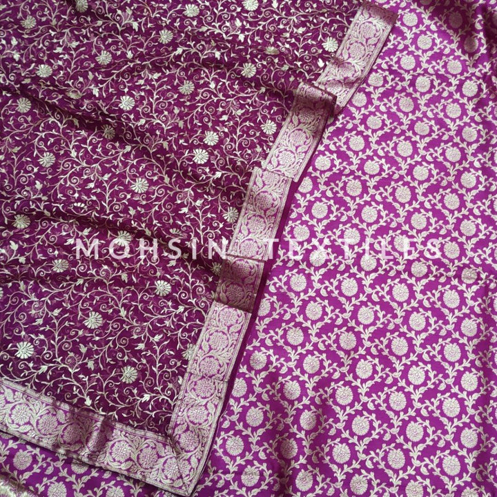 Banarasi Satan Silk Garara / Lahenga / Sharara  (Stripe-Jaal) Magenta - Mohsin Textiles