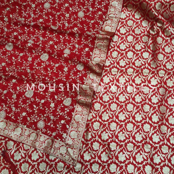 Banarasi Satan Silk Garara / Lahenga / Sharara  (Buta-Jaal) Dark Red - Mohsin Textiles