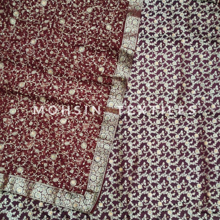 Banarasi Satan Silk Garara / Lahenga / Sharara with Hand Stone (Wheat-Jaal) Dark Mahroon - Mohsin Textiles