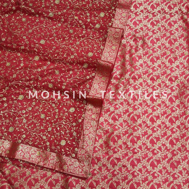 Banarasi Satan Silk Garara / Lahenga / Sharara  (Wheat-Jaal) Strawberry - Mohsin Textiles