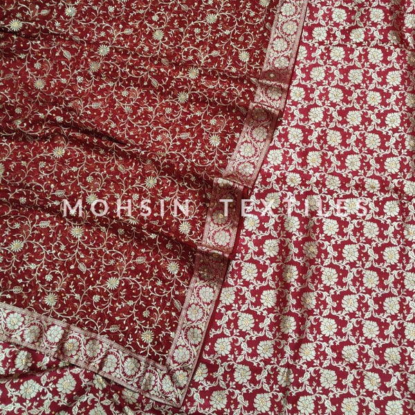 Banarasi Satan Silk Garara / Lahenga / Sharara with Hand Stone (Flower Stripe) Mahroon - Mohsin Textiles