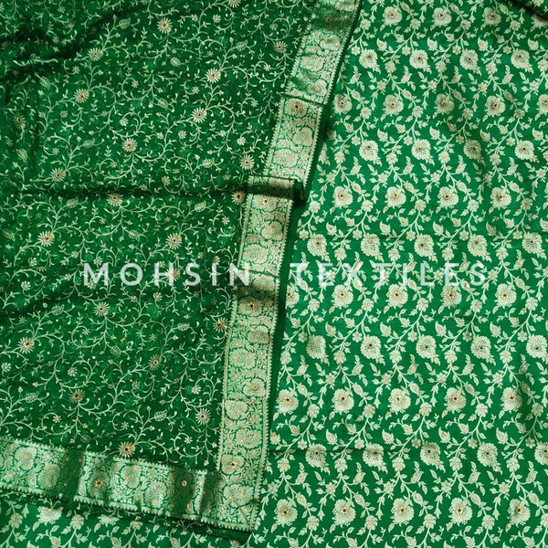 Banarasi Satan Silk Garara / Lahenga / Sharara with Hand Stone (Flower Stripe) Green - Mohsin Textiles
