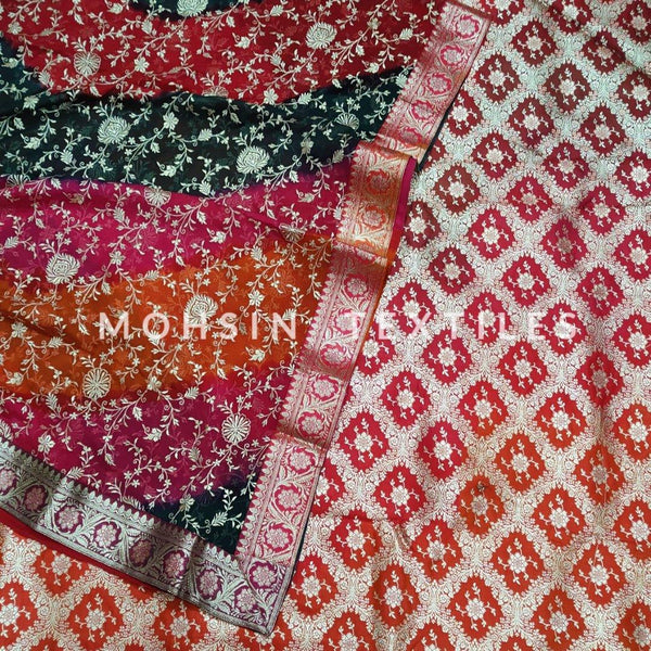 Banarasi Satan Silk Garara / Lahenga / Sharara Multi Colour (Squire-Buta) Shaded Multi Color - Mohsin Textiles