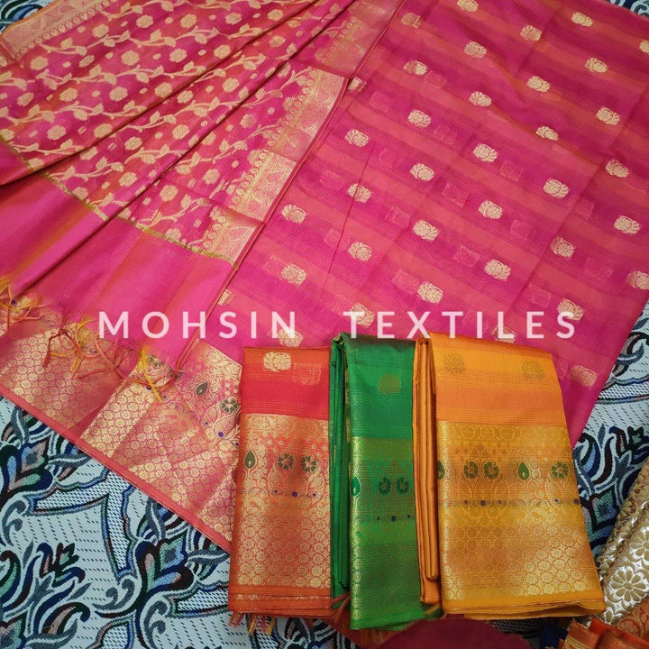 Banarasi Cotton Silk Suit Salwar Kamiz Stripe Multi (Patta Tilphi Zari Border) Rani - Mohsin Textiles