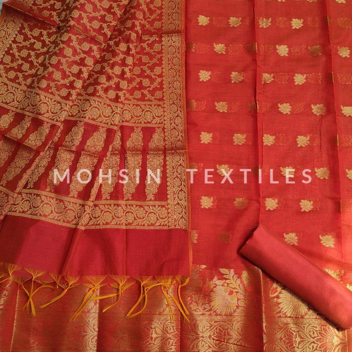 Banarasi Cotton Silk Suit Salwar Kamiz (Zari-Double Flower) Orange-Red - Mohsin Textiles