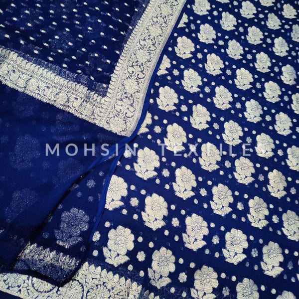 Banarasi Khaddi Chiffon Suit Pure Silk Dress (Silver-Flower) Nevi - Mohsin Textiles