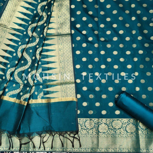Banarasi Cotton Silk Suit Salwar Kamiz (Doller Double Flower) Teal Green - Mohsin Textiles
