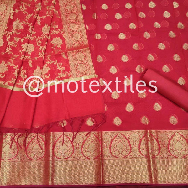 Banarasi Resham Silk Suit Salwar Kamiz (Zari-Patta) Red - Mohsin Textiles