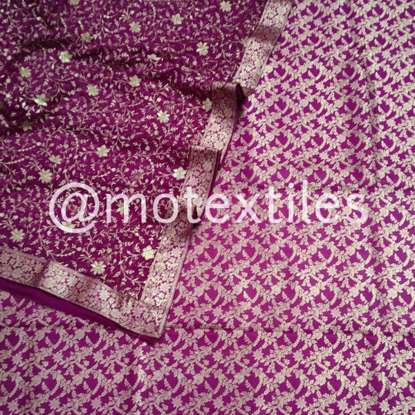 Banarasi Satan Silk Garara / Lahenga / Sharara  (Wheat -Jaal) Magenta - Mohsin Textiles