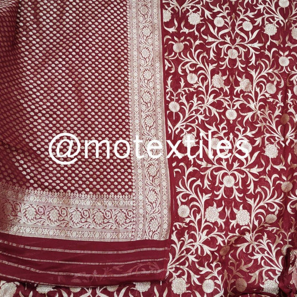 Banarasi Khaddi Chiffon Pure Silk Heavy Zari Dress (Water- Heavy Jaal) Mahroon - Mohsin Textiles