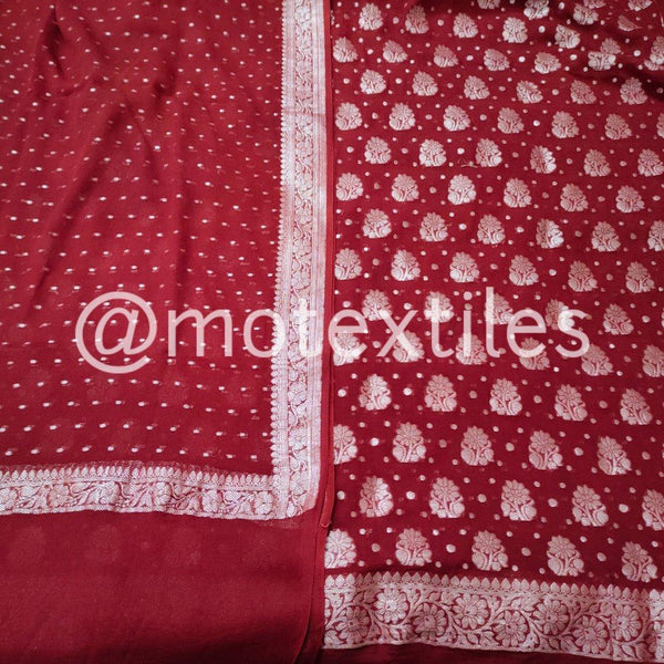 Banarasi Khaddi Chiffon Suit Pure Silk Dress (Silver-Flower) Mahroon - Mohsin Textiles