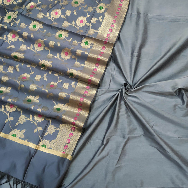Grey Plain Banarasi Silk Suit With Meenakari Dupatta