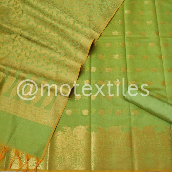 Banarasi Cotton Silk Suit Salwar Kamiz (Zari-Double Flower) Pista - Mohsin Textiles