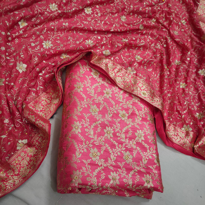 Banarasi Satan Silk Garara / Lahenga / Sharara with Hand Stone (Wheat-Jaal) Strawberry - Mohsin Textiles