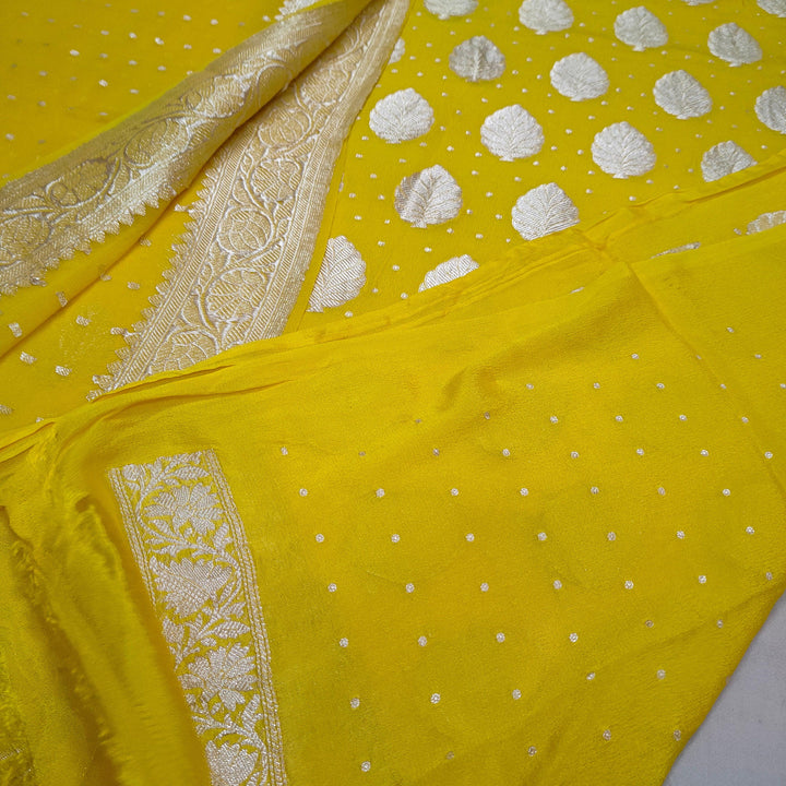 Banarasi Khaddi Chiffon Suit Pure Silk Dress (Silver-Patti) Lemon 🍋 - Mohsin Textiles
