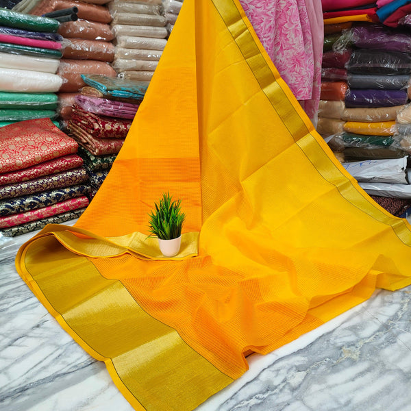 Banarasi Moonga Check Silk Saree (Zari Border) Yellow-Gold - Mohsin Textiles