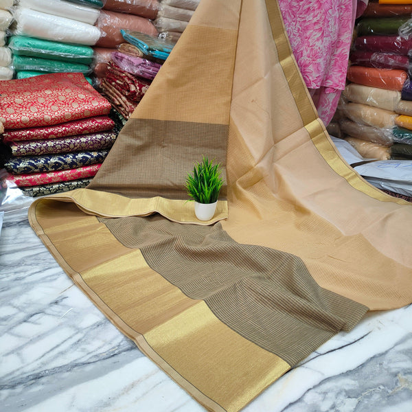Banarasi Moonga Check Silk Saree (Zari Border) Tasar - Cream - Mohsin Textiles