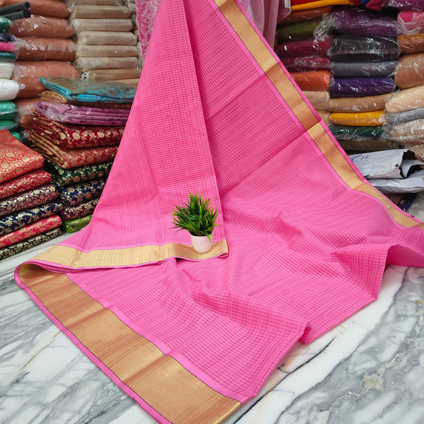 Banarasi Moonga Check Silk Saree (Zari Border) Baby Pink - Mohsin Textiles
